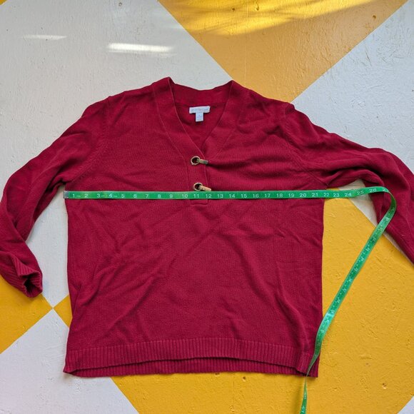 Red and Gold Fastener Cotton Long Sleeve V Sweater Women's Charter Club Medium - Picture 6 of 7